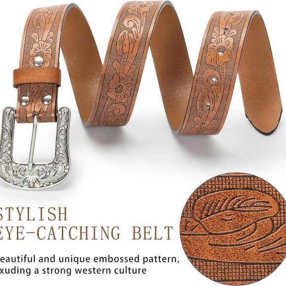 Western-Belt-for-Women-Cowgirl, PU-Leather-Waist-Belts with Vintage-Carved-Buckl - Picture 6 of 8